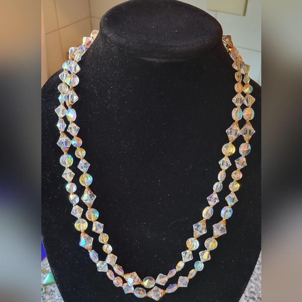 Vintage Double Strand Iridescent AB Crystal Necklace
